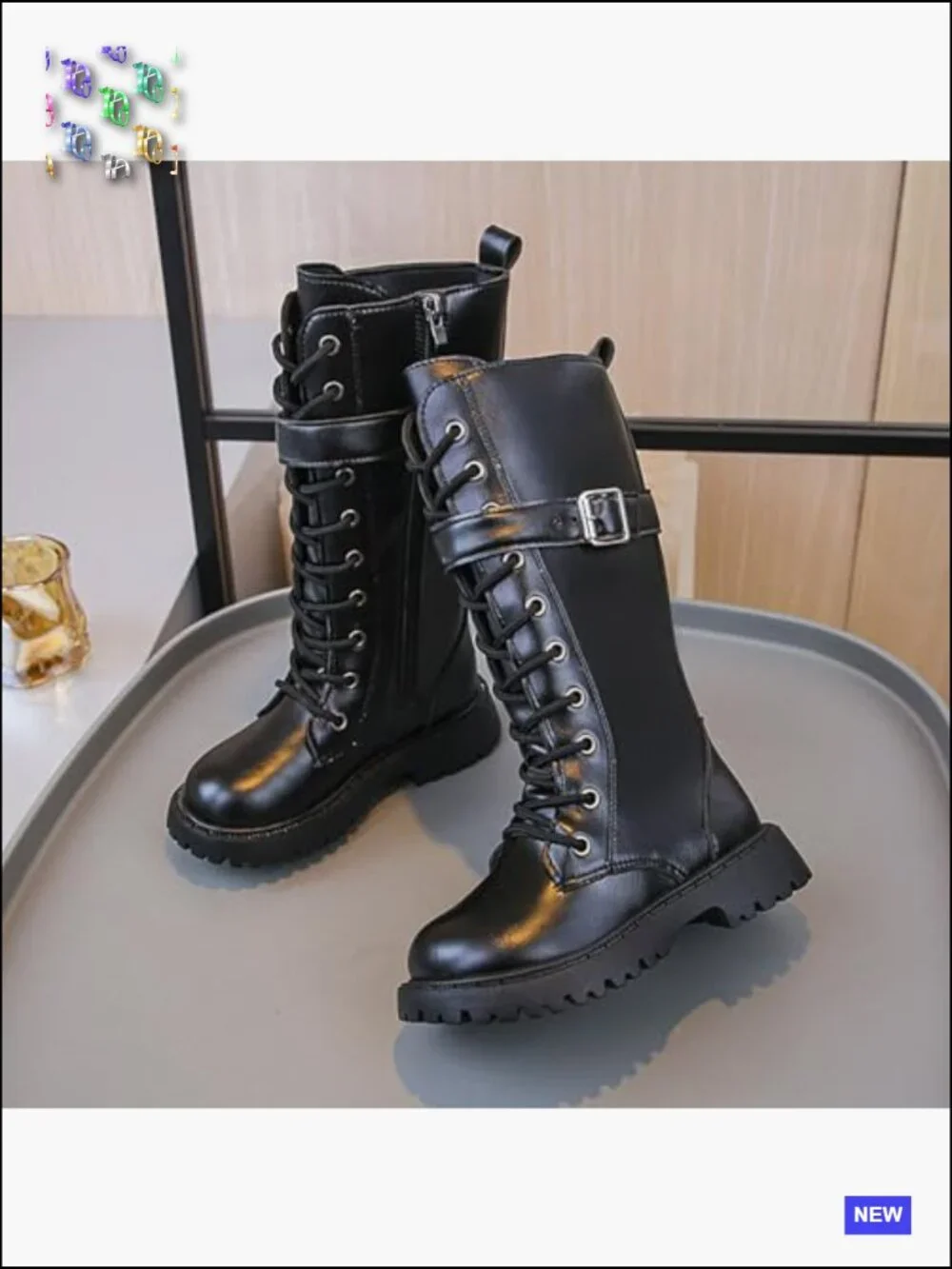 Girls Leather Knee High Boots with Side Zipper Fashion Buckle Straps Comfort